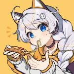  1girl :t ahoge animal_ear_headphones animal_ears black_choker blue_eyes braid cat_ear_headphones choker commentary_request fake_animal_ears food headphones highres holding holding_food honkai_(series) honkai_impact_3rd jacket kiana_kaslana long_hair long_sleeves looking_at_viewer naiawakashi orange_background pizza simple_background solo upper_body white_hair 