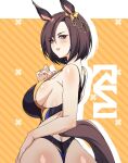  1girl air_groove_(umamusume) alternate_costume animal_ears artist_logo ass bare_shoulders black_one-piece_swimsuit blush breasts brown_hair cero_rains commentary_request ear_ornament from_behind hand_on_own_hip horse_ears horse_girl horse_tail large_breasts looking_at_viewer looking_back one-piece_swimsuit orange_background purple_eyes short_hair sideboob simple_background solo swimsuit tail two-tone_background umamusume white_background 