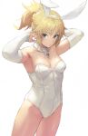  1girl armpits arms_up bare_legs bare_shoulders blonde_hair braid breasts cleavage closed_mouth collar elbow_gloves fate/apocrypha fate_(series) french_braid gloves green_eyes highres leotard long_hair looking_at_viewer mordred_(fate) mordred_(fate/apocrypha) otsukemono parted_bangs playboy_bunny ponytail revision scrunchie sidelocks small_breasts solo white_collar white_gloves white_leotard white_scrunchie 