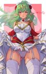  ass_visible_through_thighs bare_shoulders breasts bridal_lingerie bridal_veil bride cameltoe clothes_lift commentary commission dress dress_lift english_text fire_emblem fire_emblem_awakening fire_emblem_heroes flower garter_straps green_eyes green_hair groin hair_ornament highres lifted_by_self lingerie long_hair looking_at_viewer medium_breasts official_alternate_costume open_mouth panties pointy_ears ponytail r123 rose see-through skeb_commission smile tiara tiki_(adult)_(bridal)_(fire_emblem) tiki_(adult)_(fire_emblem) tiki_(fire_emblem) underwear veil wedding_dress white_dress white_panties 