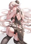  1girl absurdres anchorage_(azur_lane) anchorage_(moonlit_boat_ride)_(azur_lane) ass azur_lane back_cutout bare_arms bare_shoulders bent_over black_dress black_panties black_thighhighs blonde_hair blush braid breasts bun_cover classic_(zildjian33) clothing_cutout commentary_request double_bun dress embarrassed from_behind garter_belt garter_straps hair_bun highres lace-trimmed_legwear lace-trimmed_panties lace_trim large_breasts long_hair looking_at_viewer looking_back open_mouth panties red_eyes simple_background skindentation solo thick_thighs thighhighs thighs twin_braids underboob underwear very_long_hair white_background 