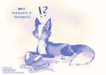 ambiguous_gender black_and_white box_of_chocolates candy canid canine chocolate dessert dipstick_tail eating english_text feral food fox lying mammal markings monochrome rukifox shocked simple_background solo tail tail_markings text white_background