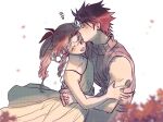  1boy 1girl aerith_gainsborough arms_around_waist belt black_hair blurry blush brown_hair closed_eyes commentary couple crisis_core_final_fantasy_vii depth_of_field dress earrings final_fantasy final_fantasy_vii foliage hair_ribbon hand_on_another&#039;s_arm happy hetero highres hug jewelry kiss kissing_forehead korean_text long_hair multiple_belts nul open_mouth pants parted_bangs ponytail red_petals red_ribbon ribbon short_hair sidelocks sleeveless sleeveless_turtleneck smile spiked_hair stud_earrings symbol-only_commentary translation_request turtleneck upper_body wavy_hair white_background white_dress zack_fair 