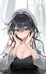  1girl absurdres bare_shoulders black_camisole black_hair black_shirt blurry blurry_background blush breasts camisole choyeon cleavage closed_mouth collarbone curtains green_eyes hair_between_eyes hand_on_own_face hands_up highres holding holding_stylus jacket large_breasts long_hair long_sleeves looking_at_viewer looking_down mixed-language_commentary off_shoulder open_clothes open_jacket original shirt single_bare_shoulder sleeveless sleeveless_shirt smile solo spaghetti_strap stylus upper_body white_jacket 