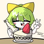  1girl artist_name blush_stickers bow cake cake_slice closed_eyes colored_skin commentary_request cookie_(touhou) daiyousei diyusi_(cookie) food fork fruit green_hair hair_between_eyes hair_bow highres holding holding_fork long_bangs open_mouth plate short_hair simple_background smile solo strawberry sznkrs table teeth touhou upper_body upper_teeth_only v white_skin yellow_background yellow_bow 