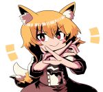  1girl absurdres animal_ear_fluff animal_ears ascot asymmetrical_hair black_ascot blonde_hair blush_stickers bright_pupils brown_skirt brown_vest closed_mouth commentary_request cookie_(touhou) cowboy_shot crossed_arms double_fox_shadow_puppet fang fox_ears fox_girl fox_shadow_puppet fox_tail hair_between_eyes highres looking_at_viewer medium_bangs medium_hair miramikaru_riran red_eyes shirt short_sleeves sidelocks simple_background skin_fang skirt skirt_set smile solo sznkrs tail v-shaped_eyebrows vest white_background white_pupils white_shirt 