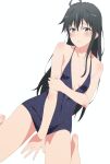  1girl ahoge black_dress black_hair blue_eyes blush breasts collarbone commentary_request commission dress holding_own_arm long_hair shou937 simple_background skeb_commission small_breasts solo white_background yahari_ore_no_seishun_lovecome_wa_machigatteiru. yukinoshita_yukino 