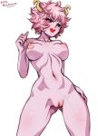  1girl :d artist_name ashido_mina boku_no_hero_academia breasts colored_skin completely_nude cowboy_shot dated hand_up large_breasts legs_apart mina_cream nipples nude pink_hair pink_skin pussy short_hair smile solo standing teeth upper_teeth_only 