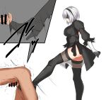  1boy 1girl bar_censor bdsm black_dress black_footwear black_gloves black_hairband blindfold boots breasts cbt censored clenched_hand crotch_kick dress foot_out_of_frame from_side gloves hairband high_heel_boots high_heels highres juliet_sleeves kicking large_breasts long_sleeves nier_(series) nier_automata penis puffy_sleeves short_dress short_hair silver_hair standing standing_on_one_leg thigh_boots thighhighs thighs watarasera_piro white_background yorha_no._2_type_b 