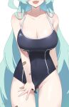  1girl artist_name bandaid bandaid_on_arm bandaid_on_pussy black_one-piece_swimsuit blue_archive blush breasts cleavage clothing_aside collarbone commentary competition_school_swimsuit covered_navel green_hair groin highres large_breasts logo long_hair one-piece_swimsuit school_swimsuit simple_background smile solo swimsuit swimsuit_aside tomid very_long_hair white_background yume_(blue_archive) 