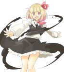  1girl arnest ascot black_skirt black_vest blonde_hair bow fang hair_bow hair_ribbon highres long_sleeves open_mouth outstretched_arms red_ascot red_bow red_eyes ribbon rumia sharp_teeth shirt short_hair skirt smile spread_arms teeth touhou vest white_shirt 