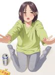  1girl bangs blush brown_eyes brown_hair can eyebrows_behind_hair green_shirt grey_legwear grey_pants half-closed_eyes long_sleeves looking_at_viewer mattaku_mousuke no_socks open_mouth original outstretched_arms pants parted_bangs shirt sitting socks soles solo twitter_username wariza white_background 