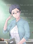  1girl adjusting_eyewear bad_drawr_id bad_id black_hair blue_cardigan blue_eyes board_eraser breasts cardigan chalk chalkboard closed_mouth english_text holding holding_notebook looking_at_viewer medium_breasts notebook nujima oekaki original shirt short_hair smile solo standing teacher upper_body white_shirt 