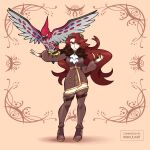  1girl artist_name beak bird boots breasts brown_background brown_dress brown_footwear commentary commission dress english_commentary eyelashes full_body glint gold_trim highres holding holding_poke_ball long_hair looking_at_viewer original parted_lips poke_ball pokemon pokemon_(creature) puffy_sleeves red_eyes red_hair rinkuu_art smile standing talonflame talons teeth thigh_boots twitter_username wings 