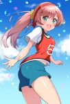  1girl alternate_hairstyle blue_shorts blue_sky cloud cloudy_sky confetti cowboy_shot day from_side green_eyes gym_shirt gym_shorts hair_ornament hair_scrunchie hair_up headband highres hirogaru_sky!_precure kaatsu_katsurou long_hair looking_at_viewer looking_back midriff_peek nijigaoka_mashiro open_mouth outdoors pink_hair ponytail precure race_bib red_headband scrunchie shirt short_shorts short_sleeves shorts sky smile solo standing t-shirt white_shirt yellow_scrunchie 