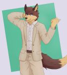  absurd_res anthro belt canid canine clothed clothing dress_shirt fully_clothed hi_res male mammal multicolored_body raulscout123 shirt smile solo suit topwear 