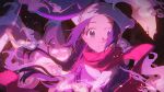  1girl akari_(pokemon) commentary_request floating_hair frown head_scarf highres jacket long_hair looking_at_viewer night outdoors parted_lips pink_scarf pokemon pokemon_(game) pokemon_legends:_arceus purple_hair purple_jacket scarf searmy sidelocks solo upper_body white_headwear 