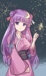  1girl alternate_costume blue_bow bow breasts crescent crescent_hair_ornament crescent_pin fireworks hair_bow hair_ornament highres holding_fireworks japanese_clothes kimono long_hair namiki_(remiter00) obi patchouli_knowledge pink_kimono purple_eyes purple_hair red_bow sash sparkler touhou 