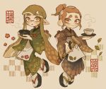  1boy 1girl :o brown_eyes brown_hair closed_mouth commentary_request cup flower green_eyes green_hair hakama haori highres holding holding_plate ink_tank_(splatoon) inkling_girl inkling_player_character japanese_clothes kimono long_hair octoling_boy octoling_player_character okobo p0m4_p0m4 parted_lips plate pointy_ears red_flower sandals short_hair smile splatoon_(series) splatoon_3 steam tentacle_hair thick_eyebrows white_background 