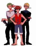  3boys black_hair black_jacket black_pants blonde_hair blue_shirt blush_stickers cigarette closed_mouth crossed_arms curly_eyebrows earrings facial_hair formal full_body green_hair hair_over_one_eye hands_on_own_hips haramaki hat highres jacket jewelry katana long_sleeves looking_at_viewer maeda_(crast_1) male_focus monkey_d._luffy mouth_hold multiple_boys one_piece pants roronoa_zoro sandals sanji_(one_piece) scar scar_on_cheek scar_on_face shirt short_hair short_sleeves smile smoke smoking straw_hat sword vest weapon white_shirt 
