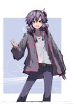  1girl adpx ahoge belt commentary_request denim fanged_bangs hair_ornament jacket jeans long_sleeves looking_at_viewer low-tied_sidelocks notice_lines open_clothes open_jacket pants parody purple_eyes purple_hair shirt short_hair_with_long_locks sidelocks signature simple_background smile style_parody voiceroid white_shirt yuzuki_yukari 