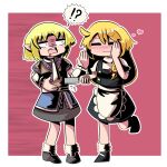  !? 2girls :3 absurdres apron arm_warmers black_footwear black_skirt black_vest blank_stare blonde_hair blush_stickers bow braid brown_shirt closed_mouth commentary_request cookie_(touhou) flat_chest frilled_apron frills full_body grey_skirt hand_on_own_cheek hand_on_own_face hand_up heart highres holding holding_knife joker_(cookie) kirisame_marisa knife long_hair looking_at_another mary_janes medium_bangs mizuhashi_parsee multiple_girls open_mouth outline pink_background pointy_ears puffy_short_sleeves puffy_sleeves red_bow sash scarf shirt shoes short_hair short_sleeves side_braid single_braid skirt skirt_set smile socks stab standing standing_on_one_leg star_(symbol) suzu_(cookie) sznkrs touhou turtleneck vest waist_apron white_apron white_outline white_sash white_scarf white_shirt white_socks 