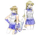  203wolves :d arms_behind_back bangs bare_arms blonde_hair blue_gloves blue_skirt breasts brown_eyes closed_mouth cowboy_shot cropped_legs duel_academy_uniform_(yu-gi-oh!_gx) duel_disk fingerless_gloves gloves hair_between_eyes hand_on_hip highres long_hair medium_breasts miniskirt open_mouth shiny shiny_hair shirt simple_background sketch skirt sleeveless sleeveless_shirt smile standing straight_hair tenjouin_asuka very_long_hair white_background white_shirt yu-gi-oh! yu-gi-oh!_gx 