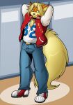  2016 arcanine avencri belt black_nose blonde_hair bottomwear canid canine clothed clothing denim denim_clothing digital_media_(artwork) footwear fur green_eyes hair hands_behind_head hi_res hunter_farren jacket jeans jersey letterman_jacket male mammal nintendo orange_body orange_fur pants pok&eacute;mon pok&eacute;mon_(species) pok&eacute;morph shoes smile sneakers solo standing survival_of_the_fittest topwear upstairstudios video_games 