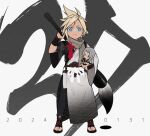 1boy black_pants black_shirt black_wristband blonde_hair blue_eyes closed_mouth cloud_strife cloud_strife_(official_festive_garb) dated final_fantasy final_fantasy_vii final_fantasy_vii_ever_crisis flower_knot full_body grey_hair happy_new_year holding_calligraphy_brush japanese_clothes kiki_lala looking_at_viewer male_focus official_alternate_costume pants sandals scarf sephiroth shirt short_hair solo spiked_hair stuffed_toy toeless_footwear 