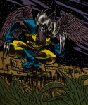 2024 anthro banco black_eyes brown_body brown_scales claws clothing cosplay crossover crossover_cosplay crouching detailed_background digital_drawing_(artwork) digital_media_(artwork) dinosaur feathered_wings feathers female gloves hair handwear hi_res looking_at_viewer marvel night outside pterodactylus pterosaur reptile scales scalie short_hair silver_hair snoot_game snout solo style_parody tusk_(snoot_game) wings wolverine_(marvel) x-men