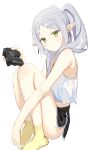  1girl absurdres alternate_costume bare_shoulders black_shorts blush camisole closed_mouth controller elf frieren game_controller green_eyes highres holding long_hair pointy_ears ponytail short_shorts shorts simple_background sitting socks solo sousou_no_frieren syhan twintails white_background white_camisole yellow_socks 