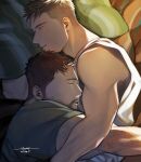  2boys artist_name bara bed black_hair brown_hair chris_redfield closed_eyes closed_mouth couple dated facial_hair green_shirt highres lying male_focus moto23059 multiple_boys muscular muscular_male on_bed on_side piers_nivans resident_evil resident_evil_6 shirt short_hair sleeping tank_top white_tank_top yaoi 