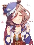  &gt;:) 1girl ^_^ animal_ears blue_choker blue_headwear blush brown_hair cabbie_hat choker closed_eyes closed_mouth collarbone commentary_request common_race_outfit_(umamusume) ears_through_headwear facing_viewer hair_ornament hairclip hat head_tilt heart highres horse_ears jacket long_hair matikane_tannhauser_(umamusume) multicolored_hair open_clothes open_jacket signature simple_background smile sofra solo streaked_hair tilted_headwear translation_request twitter_username umamusume upper_body v-shaped_eyebrows white_background white_hair white_jacket 