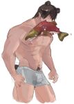  1boy abs adventurer_(ff14) animal_ears bara bear_boy bear_ears bear_tail brown_fur bulge cropped_legs final_fantasy final_fantasy_xvi fish_in_mouth grin hair_over_eyes highres katsauzone large_pectorals motion_lines muscular muscular_male navel nipples pectorals short_shorts shorts sketch smile solo sparse_stubble standing stomach tail thick_navel_hair warrior_of_light_(ff14) x_x 