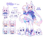  1girl animal animal_ears arrow_(symbol) artist_logo bow character_name chibi cropped_jacket expressions full_body hair_between_eyes hair_intakes highres multicolored_bow multicolored_hair multiple_views original pantyhose paw_print pigeon-toed platform_footwear pleated_skirt purple_eyes reference_sheet sailor_collar skirt solo thigh_strap uenomigi white_background white_hair white_pantyhose white_skirt yamii_(uenomigi) 