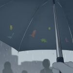  1boy absurdres avogado6 blurry blurry_background commentary_request day highres holding holding_umbrella original outdoors overcast plesiosaur pov pov_hands pterosaur rain silhouette sky skyline stegosaurus sticker triceratops tyrannosaurus_rex umbrella 