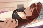  0923_azu 1girl bare_legs black_shirt blurry blurry_background blush breasts brown_hair cellphone cellphone_photo cleavage highres idolmaster idolmaster_shiny_colors indoors lying medium_breasts on_back osaki_tenka phone shirt sleeping smile solo 