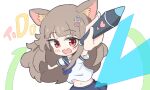  ai-chan_(misskey.io) animal_ear_fluff animal_ears black_sailor_collar blue_neckerchief blue_skirt blush_stickers brown_hair cat_ears cat_girl commentary english_commentary hair_between_eyes hair_ornament heart heart_hair_ornament holding holding_stylus long_hair midriff miniskirt misskey.io navel neckerchief open_mouth red_eyes sailor_collar school_uniform serafuku shirt short_sleeves skirt stylus umihio white_shirt 