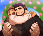  2boys :d bara beard carrying carrying_person couple david_lee_(d_lee1234) facial_hair feet_out_of_frame full_beard gloves hand_hair happy heads_together highres hug huge_eyebrows husband_and_husband large_hands male_focus mature_male multiple_boys muscular muscular_male original pants short_hair size_difference smile standing thick_eyebrows undercut vest white_gloves yaoi 