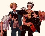  4boys bag black_hair black_jacket black_pants blonde_hair closed_eyes commentary_request dog earrings freckles fur_hat hand_tattoo hat highres hood hoodie hug jacket jewelry long_sleeves looking_at_another maeda_(crast_1) male_focus monkey_d._luffy multiple_boys one_piece open_mouth pants portgas_d._ace sabo_(one_piece) scar scar_on_cheek scar_on_face school_bag school_uniform shirt short_hair short_sleeves smile straw_hat stretched_limb tattoo teeth trafalgar_law vest white_shirt yaoi yellow_eyes yellow_hoodie 
