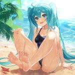  1girl :d ahoge barefoot beach blue_eyes blue_hair breasts cleavage full_body hand_on_own_knee hatsune_miku highres knees_up leaf long_hair looking_at_viewer one-piece_swimsuit sand school_swimsuit sitting small_breasts smile soles solo starfish swimsuit thighs twintails very_long_hair vocaloid water wet yayako_(804907150) 