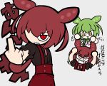  2girls 9chrono0 :3 absurdres anger_vein angry ankomon behind_another black_shirt bright_pupils brooch chibi chibi_inset commentary_request dual_persona glaring grabbing_another&#039;s_hair green_hair highres jewelry jitome long_hair looking_at_another low_ponytail middle_finger multiple_girls multiple_views neck_ribbon open_mouth outstretched_arm pink_ribbon red_hair ribbon sanpaku scowl shirt shirt_tucked_in short_sleeves simple_background slit_pupils smile suspenders translation_request v-shaped_eyebrows voicevox white_pupils white_shirt zundamon 