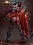  1girl aatrox armored_boots ass boots breasts closed_mouth colored_skin demon_girl demon_wings from_behind gauntlets glowing glowing_eyes helmet highres holding holding_sword holding_weapon large_breasts league_of_legends long_hair multicolored_skin outdoors purple_hair red_eyes red_hair red_skin shiny_skin solo sunset sword themaestronoob weapon web_address wings 