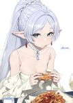  1girl alcohol braid breasts cellphone cleavage cup dangle_earrings dress drinking_glass drop_earrings earrings eating elf food food_on_face frieren green_eyes grey_hair highres holding holding_food jewelry looking_at_viewer phone plate pointy_ears small_breasts smartphone solo sousou_no_frieren tizibade white_background white_dress wine_glass 