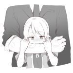  1boy 1girl @_@ bangs bite_mark biting biting_arm blush breasts business_suit commentary_request dress eyebrows_visible_through_hair formal greyscale hands_on_another&#039;s_arm height_difference idolmaster idolmaster_cinderella_girls medium_hair monochrome morikubo_nono necktie producer_(idolmaster) puffy_short_sleeves puffy_sleeves short_sleeves sleeves_rolled_up small_breasts suit teeth uccow 