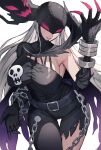  1girl asymmetrical_bodysuit belt black_belt breasts chain claws covered_eyes digimon digimon_(creature) helmet hifumi_chiyoko highres ladydevimon large_breasts long_hair red_eyes skull_print solo standing thigh_gap white_hair wings 