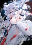  1girl :d blood breasts cleavage dress duel_monster full_moon gloves hair_between_eyes hand_print highres holding holding_polearm holding_weapon horns kneeling labrynth_of_the_silver_castle large_breasts looking_at_viewer moon polearm revision short_hair slit_pupils smile solo thighhighs twintails weapon white_dress white_gloves white_hair white_horns white_legwear xiujia_yihuizi yu-gi-oh! 