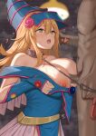  1boy 1girl :o bare_shoulders blonde_hair blue_headwear blurry blurry_background blush breasts censored clothed_female_nude_male collarbone dark-skinned_male dark_magician_girl dark_skin green_eyes heart heart-shaped_pupils hetero highres kanikou large_breasts long_hair mosaic_censoring nipples nude open_mouth paizuri penis solo_focus symbol-shaped_pupils teeth upper_teeth_only yu-gi-oh! 