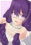  1girl alternate_hairstyle artist_name bangs bespectacled braid breasts cleavage cleavage_cutout clothing_cutout commentary doki_doki_literature_club english_commentary english_text eyebrows_visible_through_hair eyes_visible_through_hair glasses hair_between_eyes hair_ornament hairclip highres holding holding_hair large_breasts long_hair long_sleeves looking_at_viewer nail_polish open_mouth purple_eyes purple_hair purple_nails raion_(raionart) rectangular_eyewear ribbed_sweater semi-rimless_eyewear solo sweater turtleneck turtleneck_sweater twin_braids under-rim_eyewear upper_body white_sweater yuri_(doki_doki_literature_club) 