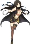  1girl bare_shoulders black_hair blue_bow bow breasts brown_footwear cape cleavage closed_mouth detached_sleeves full_body green_eyes hair_bow holding holding_weapon kunai large_breasts light_blush long_hair looking_at_viewer moe!_ninja_girls navel ninja official_art outstretched_arm parted_bangs revealing_clothes saion-ji_enju shoes simple_background smile solo standing standing_on_one_leg stomach thighhighs thighs transparent_background very_long_hair weapon zettai_ryouiki 
